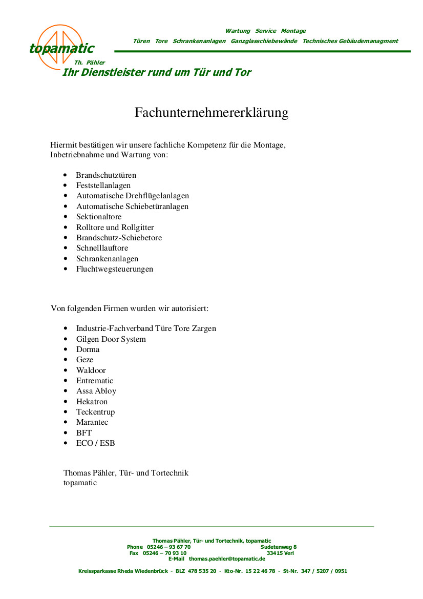 Fachunternehmererklärung