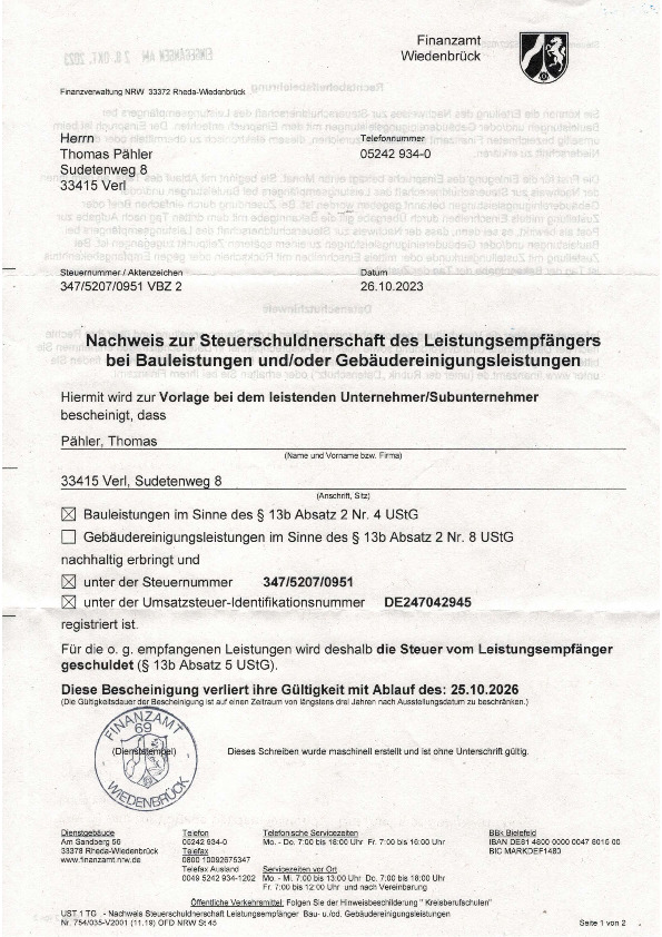 Nachweis zur Steuerschuldnerschaft des Leistungsempfängers bei Bauleistungen und/oder Gebäudereinigungsleistungen